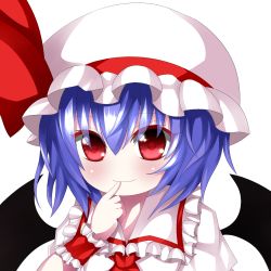 Rule 34 | 1girl, amenomurakumo26, ascot, bad id, bad pixiv id, bat wings, blouse, blue hair, blush, bow, collared shirt, commentary request, facing viewer, frilled hat, frilled shirt, frills, hand on own face, hat, hat bow, hat ribbon, index finger raised, looking at viewer, mob cap, portrait, puffy sleeves, red eyes, remilia scarlet, ribbon, shirona (amenomurakumo26), shirt, simple background, smile, solo, touhou, white background, wings, wrist cuffs