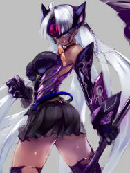 Rule 34 | 1girl, android, ass, blue eyes, breasts, cleavage, cyborg, dark skin, dark-skinned female, elbow gloves, glasses, gloves, highres, large breasts, long hair, negresco, nintendo, scythe, silver hair, simple background, smile, solo, t-elos, tan, thighhighs, underboob, white background, xenoblade chronicles (series), xenoblade chronicles 2, xenoblade chronicles (series), xenoblade chronicles 2, xenosaga, xenosaga episode iii