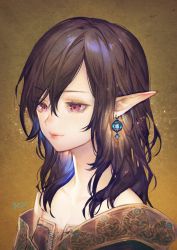 Rule 34 | 1girl, bare shoulders, brown background, brown hair, closed mouth, diamond (shape), earrings, elf, flat chest, glowing, hair between eyes, highres, jewelry, lantern, light particles, lips, looking away, original, pointy ears, red eyes, signature, smile, solo, strapless, umiu geso, upper body