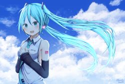 Rule 34 | 1girl, :d, absurdres, bare shoulders, black sleeves, blue sky, blush, breasts, cloud, cloudy sky, collared shirt, commentary request, day, detached sleeves, green eyes, green hair, green necktie, hair ornament, hatsune miku, head tilt, headphones, highres, long hair, long sleeves, necktie, open mouth, outdoors, own hands together, shirt, sky, sleeveless, sleeveless shirt, sleeves past wrists, small breasts, smile, solo, tateishi kureha, tie clip, twintails, twitter username, upper body, very long hair, vocaloid, white shirt