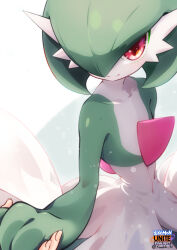 Rule 34 | 1girl, artist name, blush, bob cut, closed mouth, collarbone, colored skin, copyright name, creatures (company), english text, female focus, flat chest, game freak, gardevoir, gen 3 pokemon, green hair, green skin, hair over one eye, hand up, happy, highres, holding hands, light blush, logo, looking at viewer, multicolored skin, nintendo, one eye covered, pokemon, pokemon (creature), pov, red eyes, short hair, signature, smile, solo focus, split mouth, standing, suahh, twitter username, two-tone skin, white background, white skin