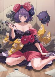 Rule 34 | breasts, cleavage, closed mouth, fate/grand order, fate (series), floor, hae zu, highres, holding, holding paintbrush, indoors, ink on face, japanese clothes, katsushika hokusai (fate), kimono, long hair, long sleeves, looking at viewer, octopus, off shoulder, paintbrush, paper, purple eyes, purple hair, purple kimono, sitting, smile, tokitarou (fate)