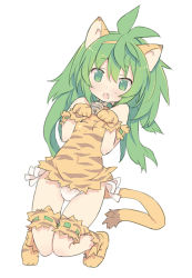 Rule 34 | 1girl, animal ears, animal hands, animal print, blade (galaxist), blush, cham cham, covered navel, fang, full body, green eyes, green hair, hands up, knees together feet apart, long hair, looking at viewer, messy hair, open mouth, panties, paw pose, samurai spirits, simple background, solo, tail, tiger ears, tiger print, tiger tail, underwear, white background, white panties
