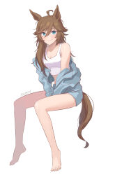 Rule 34 | 1girl, absurdres, ahoge, animal ears, aqua eyes, artist name, bare shoulders, barefoot, blue jacket, blue shorts, breasts, cleavage, closed mouth, commentary request, full body, highres, horse ears, horse girl, horse tail, jacket, jacket partially removed, long hair, medium breasts, mr. c.b. (umamusume), mukakin, shorts, simple background, sitting, smile, solo, tail, tank top, umamusume, white background, white tank top