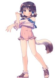 Rule 34 | 1girl, animal ears, aquaplus, arms up, aruruu, bare shoulders, blush, breasts, brown hair, clenched hand, closed mouth, frilled swimsuit, frills, from side, full body, gradient eyes, hair between eyes, hair ornament, hair over shoulder, highres, long sleeves, looking at viewer, medium hair, multicolored eyes, off shoulder, orange eyes, raised eyebrows, sidelocks, small breasts, solo, standing, standing on one leg, swimsuit, tail, toenails, twintails, utawarerumono, utawarerumono: lost flag, yasonomugi