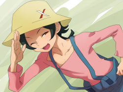 Rule 34 | 1boy, :3, @@@, bad id, bad pixiv id, blush, brown eyes, green hair, gundam, gundam build fighters, hat, looking at viewer, male focus, one eye closed, overalls, pink shirt, salute, shirt, smile, solo, yasaka mao