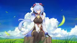 Rule 34 | 1girl, absurdres, ahoge, bare shoulders, bell, black gloves, black legwear, blue hair, blue sky, blush, bow, breasts, chinese knot, closed eyes, closed mouth, cloud, commentary request, day, detached sleeves, flower knot, ganyu (genshin impact), genshin impact, gloves, gold trim, highres, horns, leaf, light smile, long hair, medium breasts, migu (iws2525), neck bell, outdoors, pelvic curtain, sidelocks, sitting, sky, solo, thighlet, vision (genshin impact), white sleeves, wind