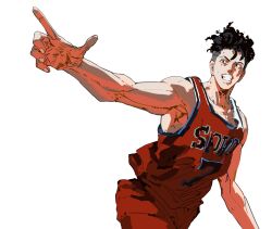 Rule 34 | absurdres, bad id, bad twitter id, basketball jersey, basketball uniform, black eyes, black hair, commentary request, galrcal, highres, korean commentary, miyagi ryouta, open mouth, pointing, pompadour, red shirt, red shorts, shirt, short hair, shorts, simple background, slam dunk (series), sleeveless, sleeveless shirt, smile, sportswear, undercut, white background