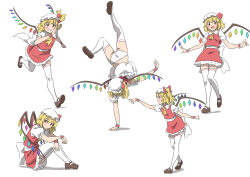 Rule 34 | 1girl, blonde hair, flandre scarlet, gyouza (mhea5724), handstand, hat, highres, jacket, looking at viewer, mob cap, multicolored wings, one arm handstand, panties, red eyes, red jacket, red skirt, running, shirt, sitting, skirt, solo, thighhighs, touhou, underwear, white background, white hat, white panties, white shirt, white thighhighs, wings