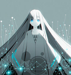 Rule 34 | 1girl, arms at sides, bad id, bad pixiv id, blue eyes, blue theme, blunt bangs, bright pupils, chromatic aberration, collarbone, commentary, grey background, long hair, looking at viewer, monochrome, original, pananother, parted lips, robe, simple background, sleeves past fingers, sleeves past wrists, solo, spot color, very long hair