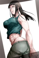 Rule 34 | 1girl, abs, apartment, black hair, breasts, cleavage, eyepatch, highres, jormungand (manga), large breasts, looking at viewer, looking to the side, midriff, muscular, muscular arms, muscular female, pants, short hair, sofia valmer, solo, tank top, tattoo, yellow eyes