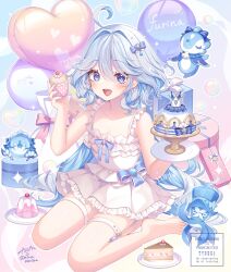 &quot;pour_la_justice&quot;_(genshin_impact) 1girl :d ahoge artorius_collbrande balloon bare_shoulders blue_eyes blue_hair blue_pupils blush breasts cake cake_slice commentary_request cupcake dress drop-shaped_pupils food frilled_dress frills furina_(genshin_impact) garter_straps genshin_impact gentilhomme_usher gift hair_between_eyes hands_up heart_balloon heterochromia highres holding holding_food holding_plate kashiba_aira light_blue_hair long_hair looking_at_viewer mademoiselle_crabaletta multicolored_hair open_mouth original plate signature sitting small_breasts smile solo streaked_hair surintendante_chevalmarin symbol-shaped_pupils toes very_long_hair wariza white_dress white_garter_straps white_hair