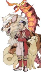 Rule 34 | 1boy, arcanine, black eyes, black hair, blue eyes, centiskorch, claws, closed mouth, colored sclera, creatures (company), fangs, fire, full body, game freak, gen 1 pokemon, gen 8 pokemon, green eyes, gym leader, half-closed eyes, hands up, highres, kabu (pokemon), kneehighs, layered sleeves, long sleeves, male focus, multicolored hair, ninetales, nintendo, open mouth, pokemon, pokemon (creature), pokemon swsh, red eyes, red footwear, red legwear, red shirt, red shorts, shirt, shirt tucked in, shoes, short hair, short over long sleeves, short sleeves, shorts, side slit, simple background, socks, standing, tachibana (7k yj), tongue, towel, towel around neck, two-tone hair, white background, white hair, yellow sclera