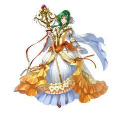 Rule 34 | 1girl, alternate costume, breasts, dress, elincia ridell crimea, female focus, fire emblem, fire emblem: radiant dawn, fire emblem heroes, frilled dress, frilled sleeves, frills, full body, green eyes, green hair, hair bun, high heels, holding, holding staff, juliet sleeves, long sleeves, looking at viewer, medium breasts, nintendo, official alternate costume, official art, puffy sleeves, red footwear, smile, solo, staff, white background, yellow dress