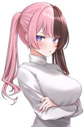 Rule 34 | 1girl, blue eyes, blush, breasts, brown hair, brown nails, frown, highres, large breasts, long hair, long sleeves, looking at viewer, looking to the side, multicolored hair, multicolored nails, nail polish, pink hair, pink nails, pout, prsdubstep, simple background, solo, split-color hair, sweater, tachibana hinano (vtuber), turtleneck, turtleneck sweater, twintails, two-tone hair, virtual youtuber, vspo!, white background, white sweater