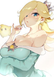 Rule 34 | 1girl, absurdres, arm under breasts, bare shoulders, blonde hair, blue dress, blue eyes, blurry, blurry background, breasts, brooch, cleavage, crown, dress, earrings, eyelashes, hair over one eye, highres, jewelry, kmnk (kumanuko), large breasts, long hair, long sleeves, looking at viewer, luma (mario), mario (series), nail polish, nintendo, off-shoulder dress, off shoulder, open mouth, purple nails, rosalina, star (symbol), star earrings, super mario galaxy, upper body, white background