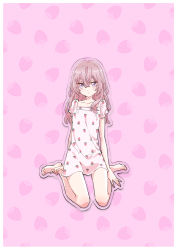 Rule 34 | 1girl, absurdres, alternate costume, bare legs, barefoot, breasts, collarbone, dress, food, food print, fruit, highres, inui sajuna, kneeling, nishihara erika, official alternate costume, official art, outline, patterned background, patterned clothing, pink dress, pink hair, purple eyes, small breasts, sono bisque doll wa koi wo suru, strawberry, strawberry print, white outline