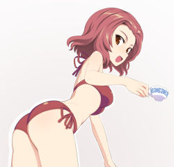 Rule 34 | 10s, 1girl, ass, bikini, blush, breasts, cup, from behind, girls und panzer, holding, looking at viewer, looking back, nanashino, open mouth, red bikini, red eyes, red hair, rosehip (girls und panzer), short hair, side-tie bikini bottom, smile, solo, swimsuit, teacup