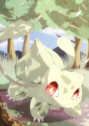 Rule 34 | alternate color, animal focus, bright pupils, bulbasaur, claws, closed mouth, creatures (company), forest, game freak, gen 1 pokemon, highres, laia pk, looking at viewer, mountainous horizon, nature, nintendo, no humans, nostrils, outdoors, plant, pokemon, pokemon (creature), red eyes, shiny pokemon, signature, solo, tree, vines, white pupils