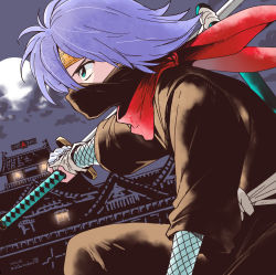 Rule 34 | 1boy, aqua eyes, architecture, belt, black pants, black shirt, blue hair, building, chiba sadoru, cloud, cloudy sky, covered mouth, east asian architecture, fingerless gloves, fishnet armwear, full moon, gloves, hair between eyes, headband, highres, holding, holding sword, holding weapon, japanese clothes, katana, live a live, looking to the side, male focus, mask, medium hair, moon, mouth mask, night, night sky, ninja, oboro-maru (live a live), outstretched arm, pants, red scarf, rooftop, scarf, shirt, short sleeves, sky, solo, squatting, sword, weapon, white belt