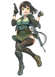 Rule 34 | 1girl, :d, absurdres, ammunition belt, ammunition pouch, assault rifle, bad id, bad pixiv id, black gloves, black thighhighs, boots, breasts, collarbone, collared shirt, cross-laced footwear, full body, gloves, green eyes, green shirt, green skirt, gun, gun sling, hair ornament, handgun, highres, holding, holding gun, holding weapon, holster, knee pads, leg up, looking at viewer, medium breasts, no panties, open mouth, original, pistol, pleated skirt, pouch, rifle, shiono fuyu, shirt, sig p220/p226, sig sauer, simple background, skirt, smile, solo, thighhighs, trigger discipline, weapon, weapon request, white background, wing collar