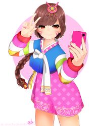 Rule 34 | 1girl, ab-anarchy, braid, brown eyes, brown hair, cellphone, d.va (overwatch), facial mark, hair ornament, highres, nail polish, overwatch, overwatch 1, palanquin d.va, phone, selfie, signature, single braid, smile, solo, unmoving pattern, v, watermark, web address, whisker markings, white background