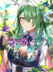 Rule 34 | 1girl, absurdres, antlers, blue dress, branch, breasts, ceres fauna, ceres fauna (1st costume), cleavage, dress, flower, green nails, hair flower, hair ornament, hair over one eye, highres, hololive, hololive english, horns, large breasts, leaf, long hair, looking at viewer, mole, mole under eye, nail polish, smile, solo, tachikana, virtual youtuber, yellow eyes