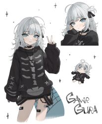 Rule 34 | 1girl, absurdres, ahoge, arch 05x, arms up, bandaid, black bow, black choker, black nails, blue eyes, blue hair, blunt bangs, blush, bow, chain, character name, chibi, choker, cross, cross earrings, earrings, fins, fish tail, gawr gura, goth fashion, hair bow, hand on own face, highres, hololive, hololive english, jewelry, long sleeves, looking at viewer, messy hair, multicolored hair, multiple views, nail polish, necklace, no pants, shark girl, shark tail, skeleton print, sleeves past wrists, smile, streaked hair, sweater, tail, v, virtual youtuber