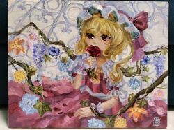 Rule 34 | 1girl, alternate wings, ascot, blonde hair, blue flower, bow, collared shirt, covering own mouth, flandre scarlet, flower, frilled shirt collar, frills, hat, hat bow, hat ribbon, highres, holding, holding flower, leaf, medium hair, mob cap, oil painting (medium), one side up, orange flower, painting (medium), photo (medium), pink flower, puffy short sleeves, puffy sleeves, purple flower, red bow, red eyes, red flower, red petals, red ribbon, red rose, red skirt, red vest, ribbon, ribbon-trimmed headwear, ribbon trim, rose, shirt, short sleeves, skirt, sleeve ribbon, solo, touhou, traditional media, vest, white hat, white shirt, wings, wrist cuffs, yellow ascot, yellow flower, yuuren kyouko