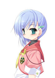 Rule 34 | 1girl, akahito, blue hair, expressionless, green eyes, hair ornament, hairclip, lowres, school uniform, short hair, solo, white background