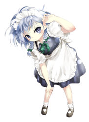 Rule 34 | 1girl, apron, bent over, braid, child, gorilla (bun0615), grey eyes, highres, izayoi sakuya, lavender dress, looking at viewer, maid, maid apron, maid headdress, mary janes, puffy short sleeves, puffy sleeves, shirt, shoes, short sleeves, silver hair, solo, touhou, twin braids, waist apron, aged down