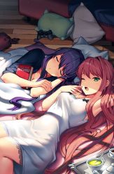 Rule 34 | 2girls, arm behind head, armpits, blanket, book, brown hair, commentary, controller, cup, doki doki literature club, english commentary, game controller, green eyes, hair down, hair ornament, hairclip, highres, long hair, looking at viewer, lying, monika (doki doki literature club), multiple girls, official art, on back, on floor, on side, one eye closed, open mouth, pillow, purple hair, satchely, sleeping, teacup, tray, under covers, very long hair, waking up, window shadow, wooden floor, yawning, yuri (doki doki literature club)