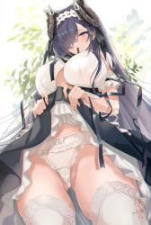 Rule 34 | 1girl, absurdres, akatsuki (aktk511), august von parseval (azur lane), august von parseval (the conquered unhulde) (azur lane), azur lane, black dress, blue eyes, blush, bow, bow panties, breasts, clothes in mouth, clothes lift, cross-laced footwear, curled horns, dress, dress lift, frilled skirt, frills, from below, grey hair, hair over one eye, highres, horns, large breasts, lifting own clothes, long hair, looking at viewer, maid, mechanical horns, official alternate costume, panties, skirt, skirt lift, solo, thighhighs, two-tone dress, underwear, very long hair, white dress, white panties, white thighhighs