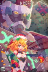 Rule 34 | 10s, 1girl, 2015, blonde hair, breasts, christmas, cleavage cutout, clothing cutout, dated, female focus, green eyes, highres, large breasts, leotard, long hair, mar10, mecha, merry christmas, open mouth, qr code, recording, robot, santa costume, solo