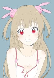 Rule 34 | 1girl, absurdres, bad id, bad twitter id, blush, breasts, camisole, cleavage, collarbone, donguri suzume, grin, hair ornament, hat, unworn hat, unworn headwear, highres, light brown hair, long hair, looking at viewer, natori sana, red eyes, sana channel, sleeveless, small breasts, smile, solo, two side up, virtual youtuber