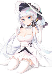 Rule 34 | 1girl, absurdres, ahoge, anchor symbol, azur lane, bad id, bad pixiv id, bare shoulders, blue eyes, blunt bangs, blush, breasts, catnnn, cleavage, closed mouth, commentary request, detached collar, dress, elbow gloves, gloves, hair ornament, hair ribbon, hands up, hat, highres, illustrious (azur lane), large breasts, long hair, looking at viewer, mole, mole under eye, ribbon, seiza, simple background, sitting, smile, solo, strapless, strapless dress, sun hat, thighhighs, white background, white dress, white gloves, white hair, white hat, white thighhighs, zettai ryouiki