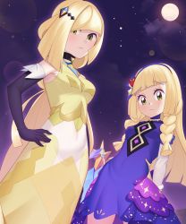 Rule 34 | 2girls, absurdres, blonde hair, blunt bangs, braid, breasts, closed mouth, commentary request, creatures (company), dress, elbow gloves, eyelashes, from below, frown, game freak, gazing eye, gloves, green eyes, hair ornament, hairband, hand on own hip, highres, lillie (anniversary 2021) (pokemon), lillie (pokemon), long hair, looking at viewer, lusamine (pokemon), lusamine (sygna suit) (pokemon), medium breasts, moon, mother and daughter, multiple girls, night, nintendo, official alternate costume, outdoors, pokemon, pokemon masters ex, sleeveless, sleeveless dress, small breasts, twin braids, yellow dress