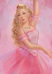 Rule 34 | 1girl, absurdres, ballet, barbie (character), barbie (franchise), barbie in the nutcracker, barbie movies, blonde hair, blue eyes, detached sleeves, dress, highres, jewelry, leticia bueno, long hair, necklace, pink dress, solo, tiara