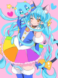 Rule 34 | 1girl, 1other, animal ears, blue footwear, blue gloves, blue hair, blue shirt, boots, cat ears, cat girl, cat tail, choker, cure cosmo, elbow gloves, eru, extra ears, fur-trimmed gloves, fur trim, gloves, hat, long hair, looking at another, mini hat, multicolored clothes, multicolored skirt, open mouth, orange eyes, precure, prunce (precure), rainbow skirt, shirt, skirt, sleeveless, sleeveless shirt, smile, star color pen, star twinkle precure, tail, tail ornament, tail ring, thigh boots, yuni (precure)