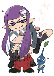 Rule 34 | &gt;:), 1boy, 1girl, black footwear, black gloves, black legwear, closed mouth, fang, fang out, gloves, hair ornament, hairclip, helmet, highres, holding hands, inkling, inkling girl, inkling player character, long hair, long sleeves, looking at viewer, mask, miniskirt, nintendo, olimar, on head, person on head, pikmin (creature), pikmin (series), pleated skirt, pointy ears, purple eyes, purple hair, purple skirt, school uniform, shiromanta, shoes, simple background, skirt, smile, socks, space helmet, sparkle, splatoon (series), suction cups, super smash bros., tentacle hair, translation request, v, v-shaped eyebrows, white background