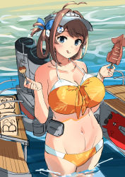 Rule 34 | 1girl, :q, bikini, blue eyes, blush, bracelet, breasts, brown hair, chougei (kancolle), cleavage, commentary request, enemy lifebuoy (kancolle), food, hair ornament, hair rings, hat, highres, holding, holding food, huge breasts, jewelry, kantai collection, large breasts, long hair, looking at viewer, orange bikini, osananajimi neko, outdoors, rigging, smile, solo, standing, sunglasses, swimsuit, takoyaki, tongue, tongue out, unfinished, visor cap, wading, water