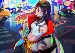 Rule 34 | 1girl, absurdres, cars, green eyes, highres, jacket, multicolored hair, nababa, navel, road, street, tank top, tongue, tongue out, trousers
