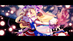 Rule 34 | 1girl, :d, american flag dress, blonde hair, blurry, blurry background, cake mogo, clownpiece, commentary, danmaku, dress, english commentary, fang, hat, jester cap, letterboxed, long hair, neck ruff, open mouth, purple hat, red eyes, sleeveless, sleeveless dress, smile, solo, symbol-only commentary, touhou, wrist cuffs