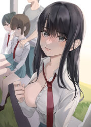 Rule 34 | 1boy, 3girls, absurdres, black hair, blurry, breasts, brown hair, closed mouth, clothes pull, collared shirt, depth of field, dress shirt, exhibitionism, green pants, green skirt, grey eyes, grey hair, grey shirt, hand on another&#039;s shoulder, highres, jundu, large breasts, long sleeves, looking at viewer, miniskirt, mole, mole on breast, mole under mouth, multiple girls, necktie, no bra, open clothes, open shirt, original, outdoors, pants, pleated skirt, public indecency, red necktie, shirt, shirt pull, sitting, skirt, solo focus, white shirt, wing collar