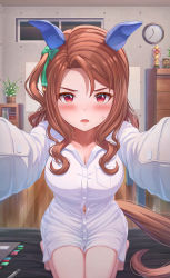 Rule 34 | 1girl, absurdres, animal ears, bed, blush, breast pocket, breasts, brown hair, button gap, cleavage, collarbone, collared shirt, commentary request, ear covers, foreshortening, highres, horse ears, horse girl, horse tail, incoming kiss, indoors, king halo (umamusume), large breasts, leaning forward, long hair, long sleeves, looking at viewer, md5 mismatch, naked shirt, navel, one side up, parted hair, pocket, pov, reaching, reaching towards viewer, red eyes, resolution mismatch, revision, seiza, shirt, sitting, source smaller, swept bangs, tail, tamikko, umamusume, wavy hair, white shirt, wooden floor