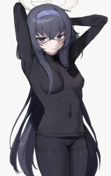 Rule 34 | 1girl, arms behind head, arms up, bags under eyes, black hair, black pantyhose, black shirt, black sweater, blue archive, blue eyes, boots, breasts, breasts apart, closed mouth, covered navel, crossed bangs, hairband, halo, highres, impossible clothes, kataku musou, long hair, long sleeves, looking at viewer, medium breasts, pantyhose, purple eyes, shirt, simple background, solo, sweater, thigh boots, turtleneck, ui (blue archive), very long hair, white background