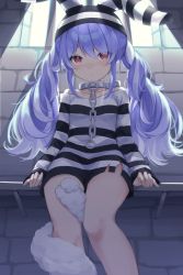 Rule 34 | 1girl, absurdres, blue hair, brick wall, chain, closed mouth, collar, collarbone, commentary, dot mouth, hat, highres, hololive, indoors, klaius, long hair, long sleeves, looking away, metal collar, multicolored hair, prison cell, prison clothes, rabbit girl, red eyes, sitting, solo, streaked hair, striped clothes, striped headwear, two-tone hair, usada pekora, usada pekora (prisoner), virtual youtuber, white hair