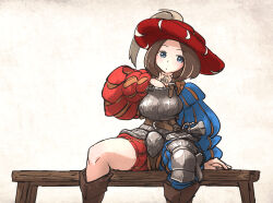 Rule 34 | 1girl, armor, bench, blue eyes, boobplate, boots, breastplate, brown footwear, brown hair, codpiece, hat, ironlily, landsknecht, landsknecht (ironlily), long sleeves, original, puffy long sleeves, puffy sleeves, sitting, solo, wooden bench