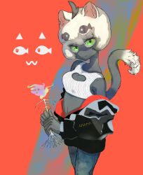Rule 34 | 1girl, ahoge, animal ears, black jacket, body fur, bone, cat ears, cat girl, cat tail, center opening, commentary request, cowboy shot, crop top, cropped shirt, denim, fingernails, fish bone, green eyes, green nails, grey fur, hands up, highres, holding, holding bone, jacket, jacket partially removed, jeans, long sleeves, looking at viewer, monster girl, original, oyomotin, pants, parted lips, red background, sharp fingernails, shirt, short hair, solo, standing, tail, white hair, white shirt