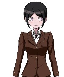 1girl black_hair blush bow brown_bow brown_jacket brown_ribbon closed_mouth danganronpa:_trigger_happy_havoc danganronpa_(series) eyebrows eyelashes female_focus freckles frown ikusaba_mukuro jacket long_hair long_sleeve_shirt long_sleeved_jacket long_sleeves looking_to_the_side middinos neck_ribbon parted_bangs purple_eyes ribbon shirt solo solo_focus third-party_edit white_shirt